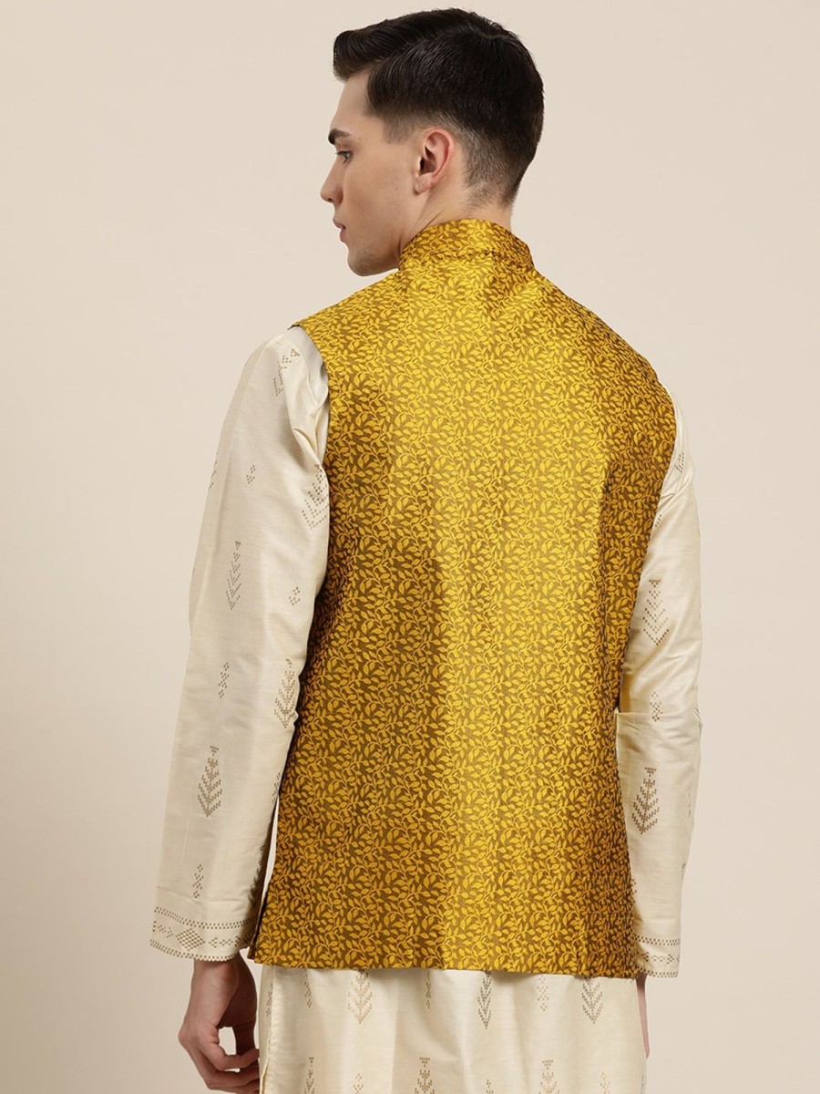 Men Sojanya | Men'S Jacquard Silk Self Design Only Nehrujacket - Sojanya Mustard