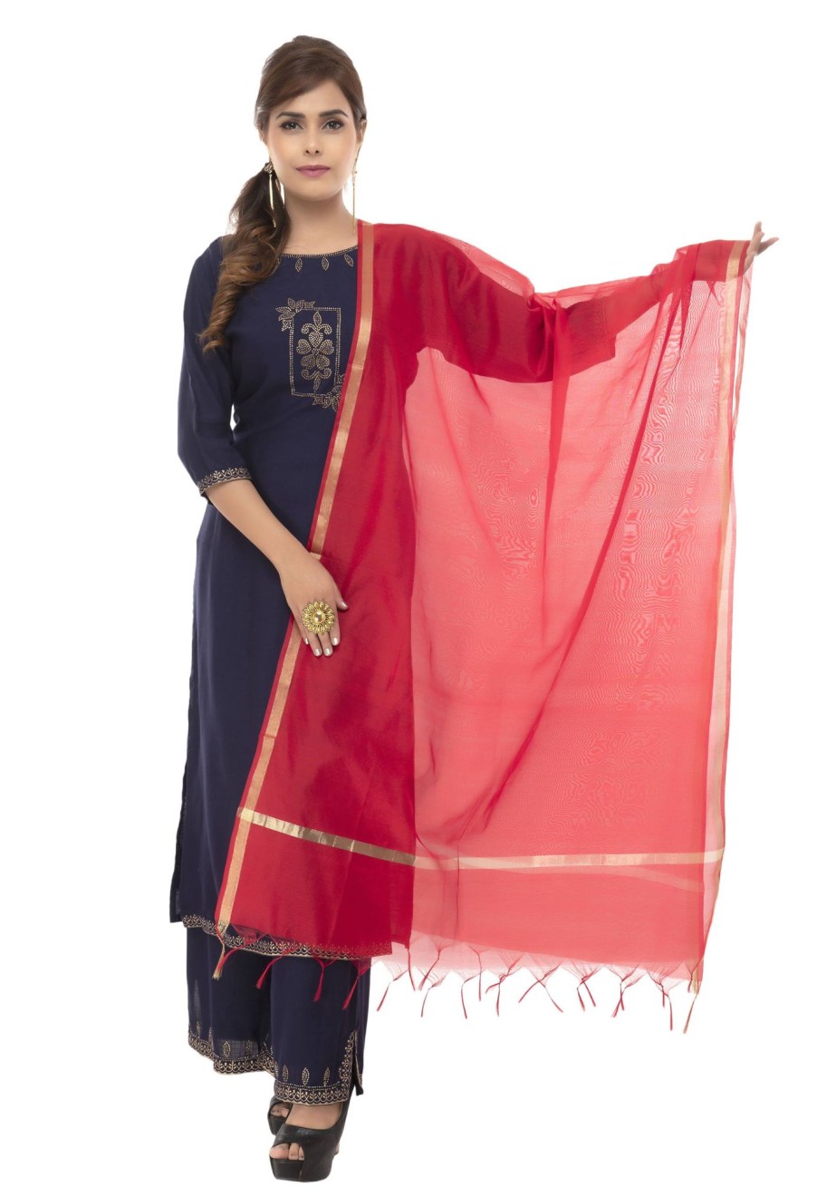 Women Moeza | Women'S Banarsi Chanderi Piping Dupatta Mfd0030 - Moeza Red