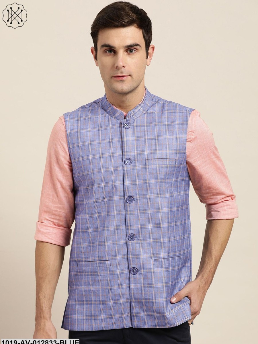 Men Sojanya | Men'S Cotton Blend Blue U0026 Yellow Checked Nehru Jacket - Sojanya