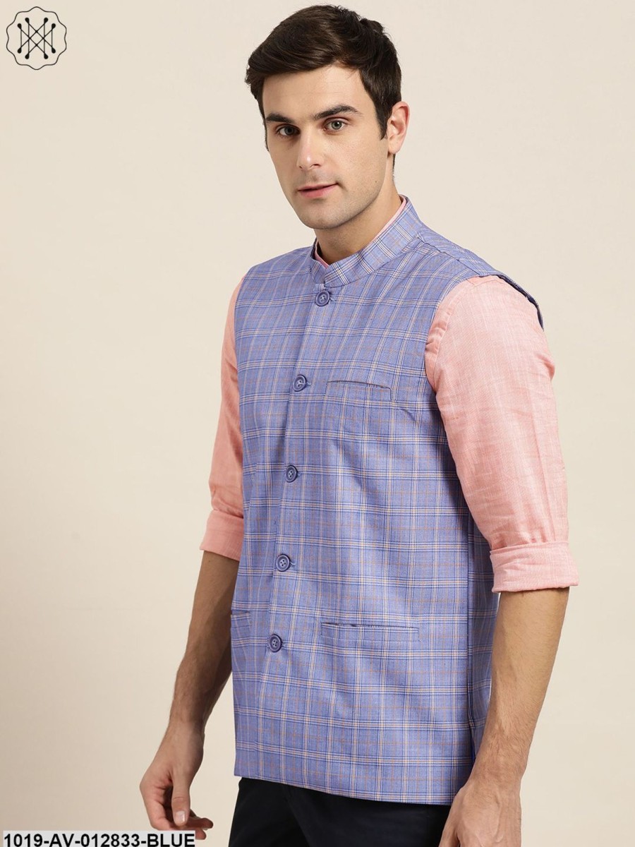 Men Sojanya | Men'S Cotton Blend Blue U0026 Yellow Checked Nehru Jacket - Sojanya