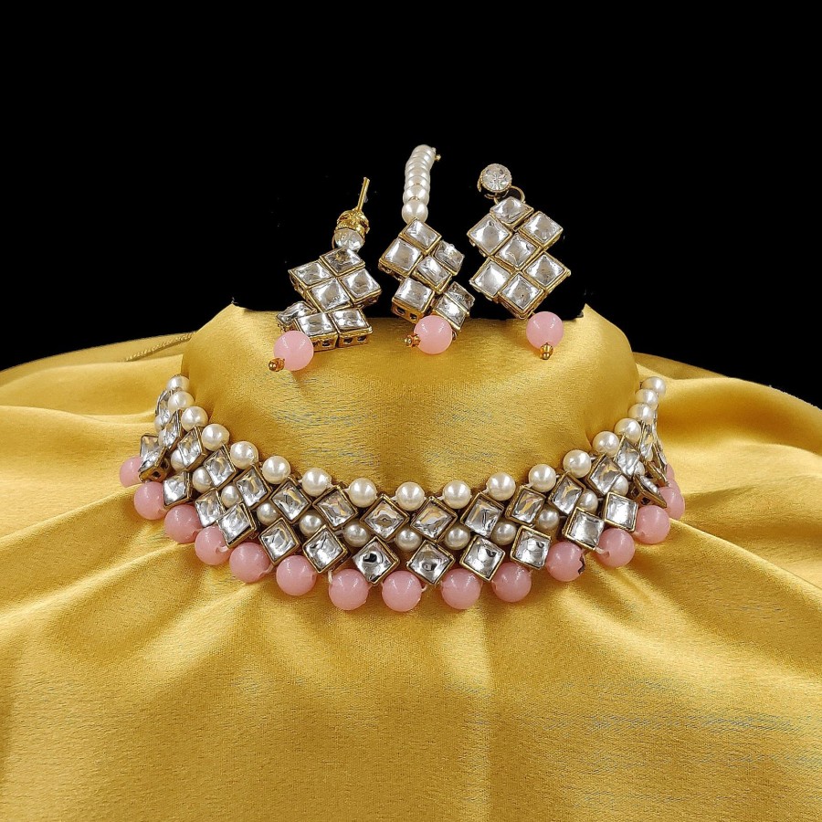 Jewellery Zaffre Collections | Women'S Stylish Kundan And Choker Set - Zaffre Collections Pink