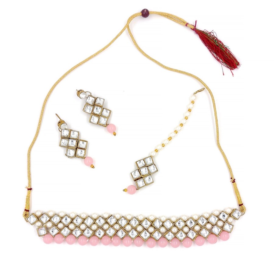 Jewellery Zaffre Collections | Women'S Stylish Kundan And Choker Set - Zaffre Collections Pink