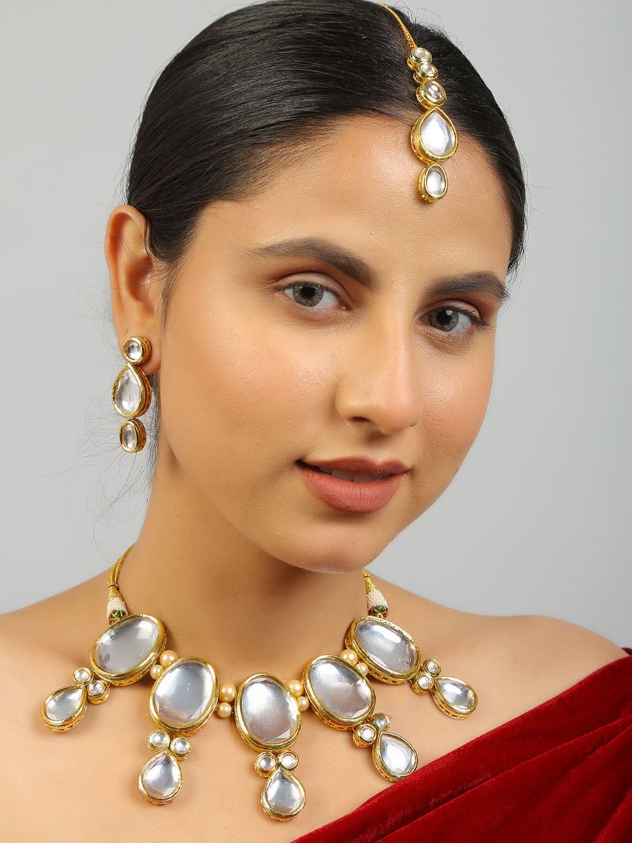 Jewellery Femizen | Women'S Handcrafted Maharani Kundan Necklace With Earrings U0026 Mang Tika - Femizen Golden