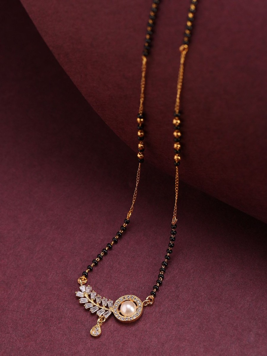 Jewellery Priyaasi | Women'S Gold-Plated Ad Studded Leaf Designed Pendant Black Beaded Chain Mangalsutra - Priyaasi