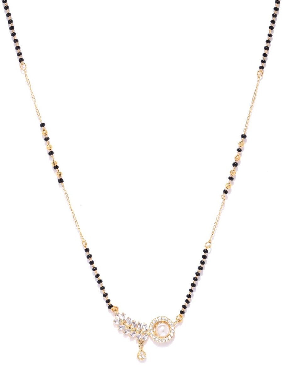 Jewellery Priyaasi | Women'S Gold-Plated Ad Studded Leaf Designed Pendant Black Beaded Chain Mangalsutra - Priyaasi