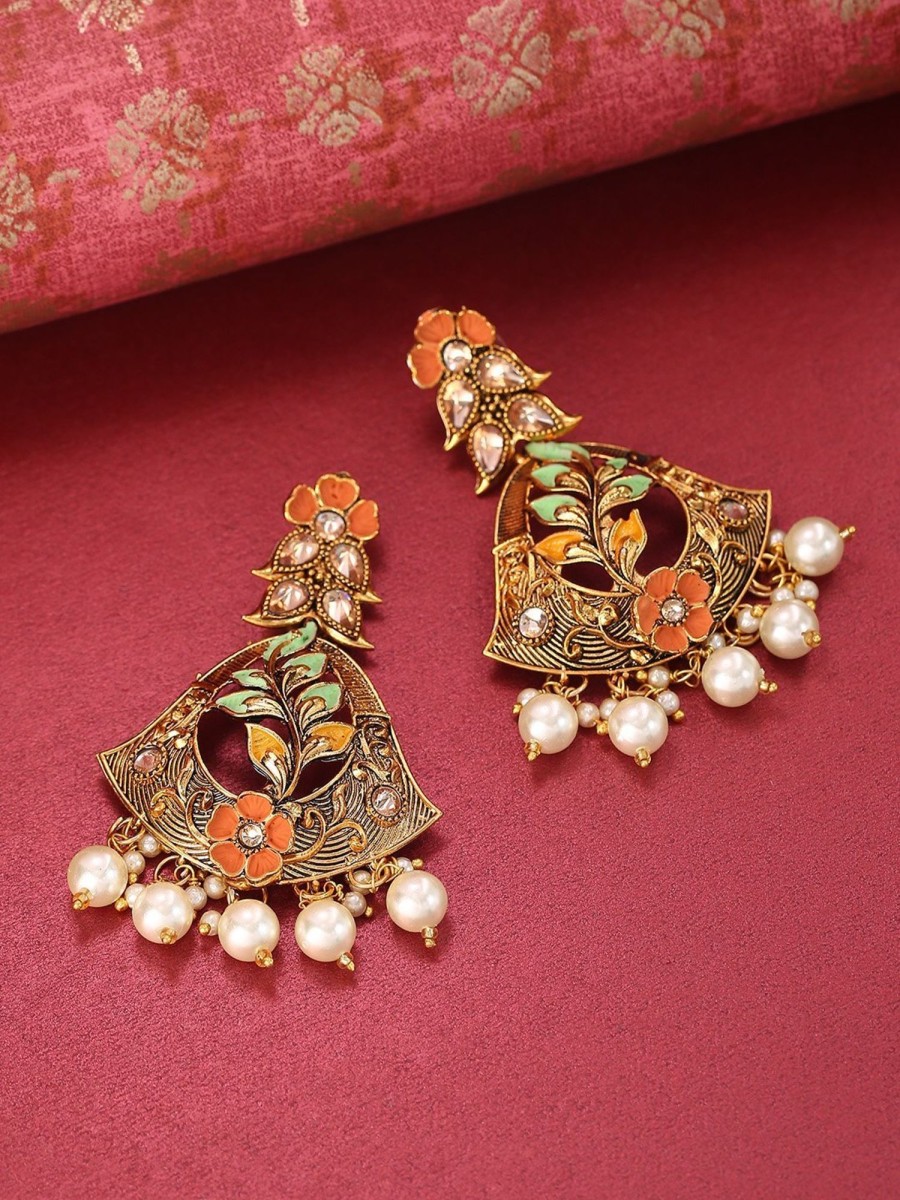 Jewellery Priyaasi | Women'S Gold-Plated Stone Studded Multicolor Flower Drop Earrings - Priyaasi