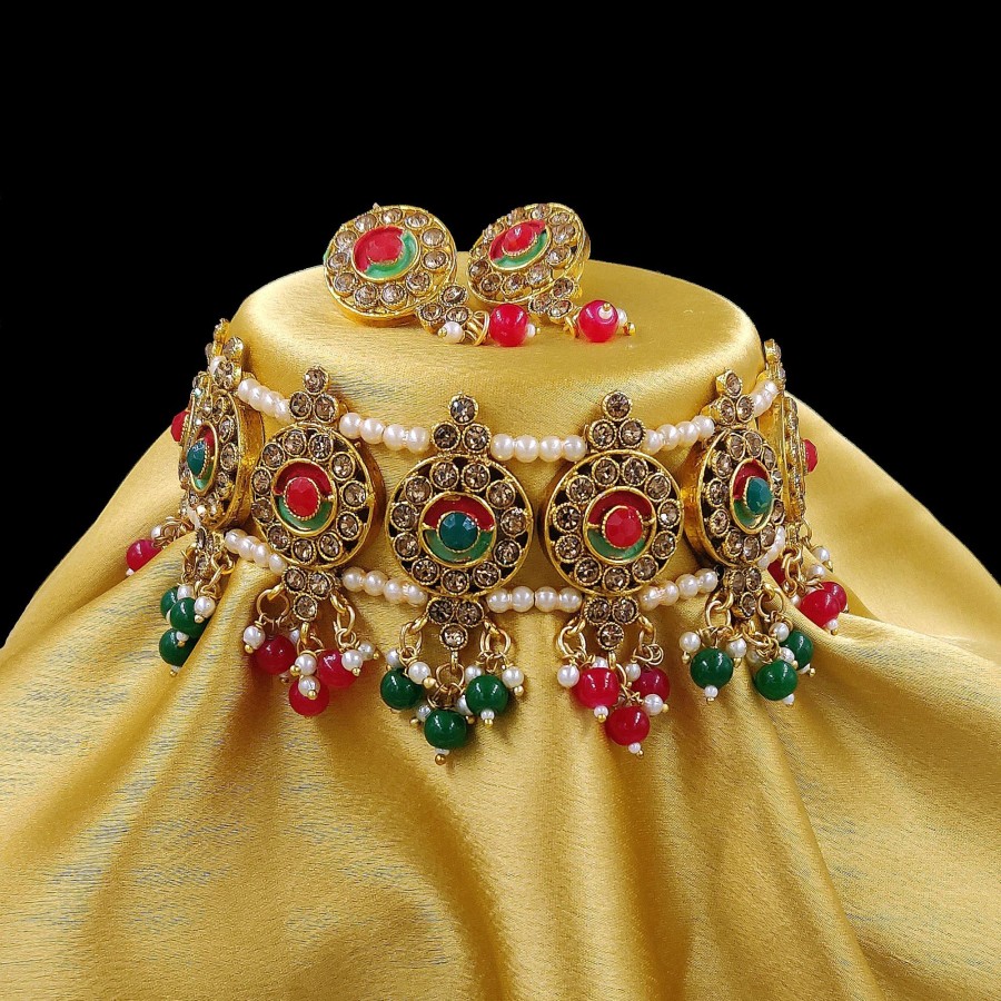 Jewellery Zaffre Collections | Women'S Trendy Multicolor Choker Set With Maang Tikka - Zaffre Collections Multi Color