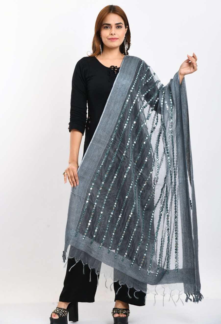 Women Moeza | Women'S Orgenza Mirror Stripe Thread Work Dupatta - Moeza Grey