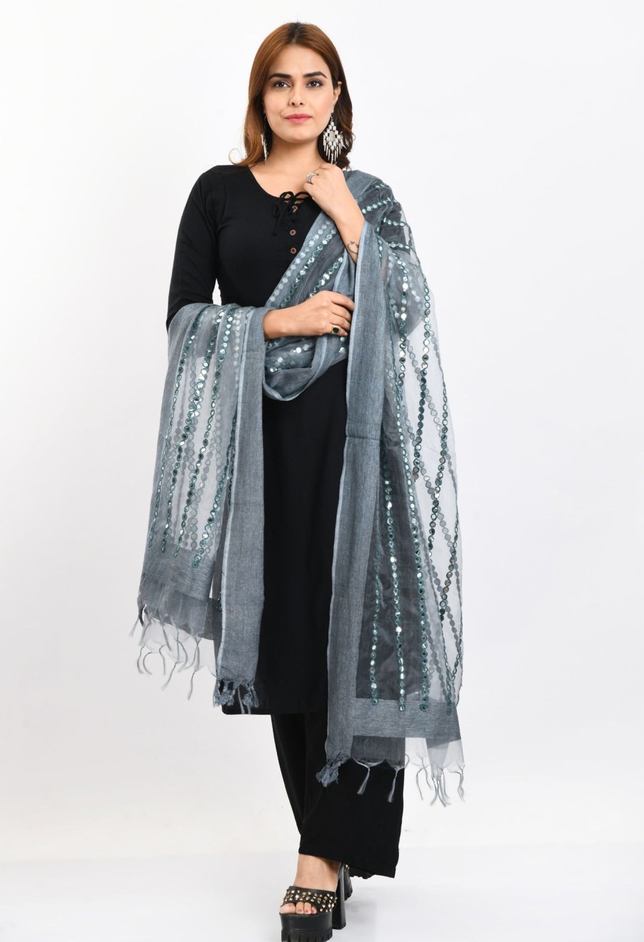 Women Moeza | Women'S Orgenza Mirror Stripe Thread Work Dupatta - Moeza Grey