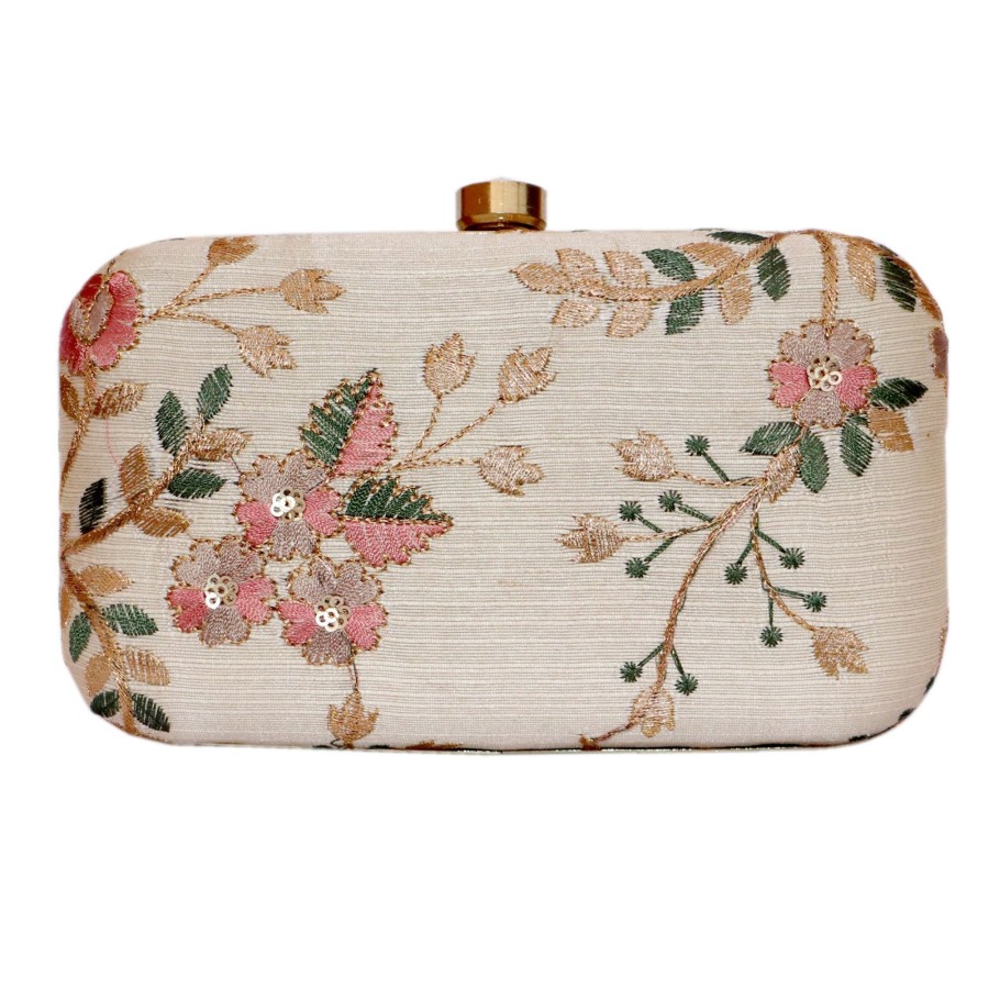 Others VASTANS | Women'S Beige Color Tulle Embroidered Faux Silk Clutch - Vastans