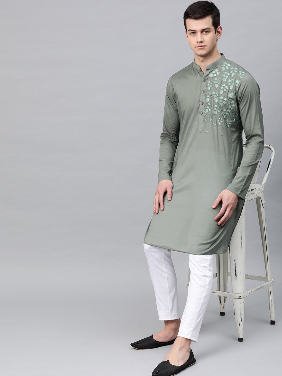 Men See Designs | Men'S Olive Embroidered Straight Kurta - See Designs Green