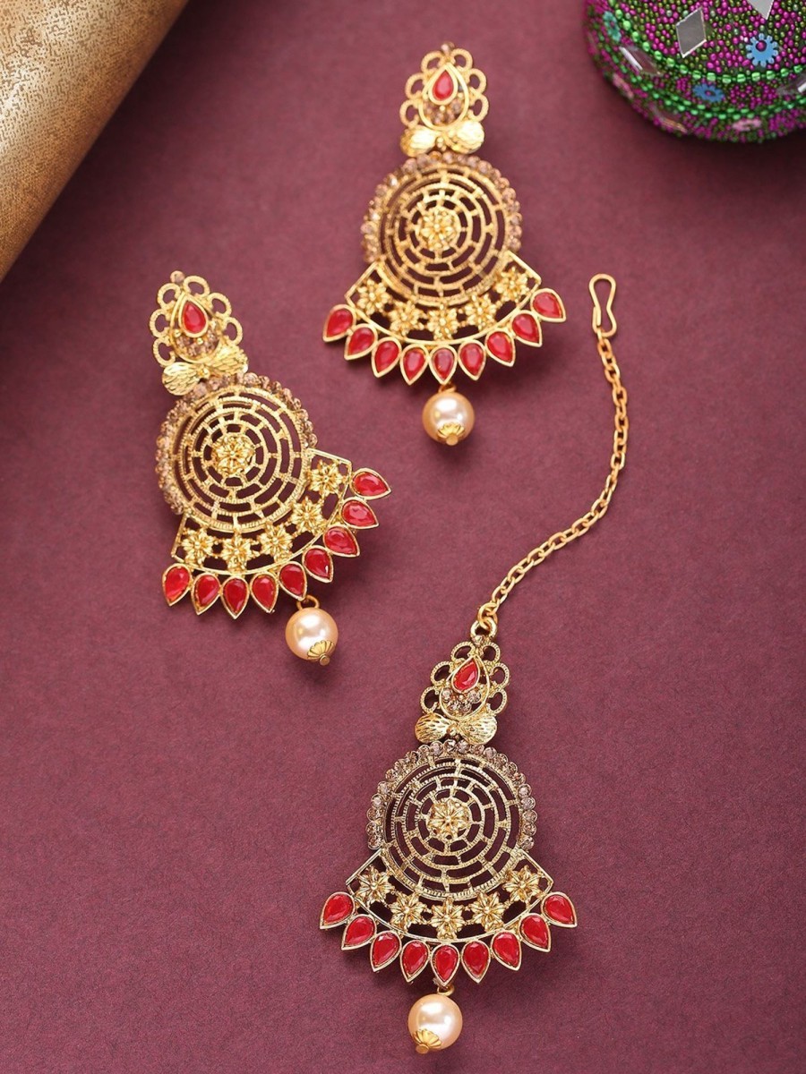 Jewellery Priyaasi | Women'S Gold-Plated Red Stone Studded Round Shape Maang Tikka With Drop Earrings Set - Priyaasi