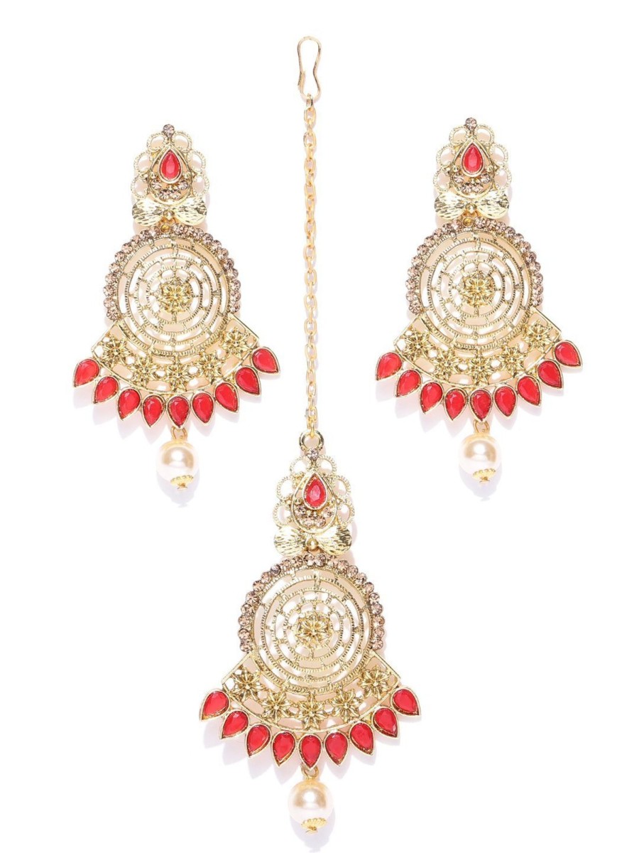 Jewellery Priyaasi | Women'S Gold-Plated Red Stone Studded Round Shape Maang Tikka With Drop Earrings Set - Priyaasi