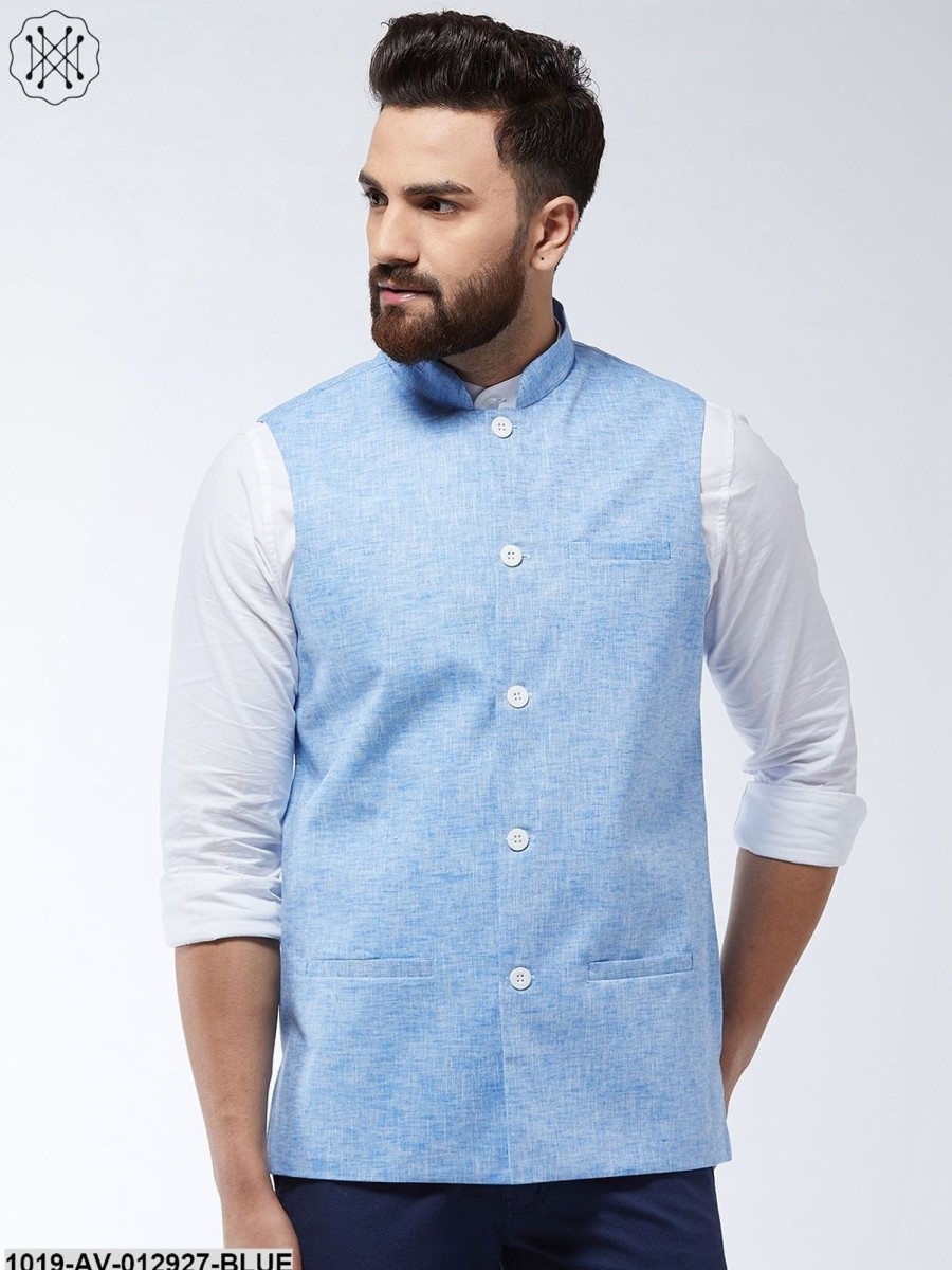 Men Sojanya | Men'S Cotton Linen Blend Blue Nehru Jacket - Sojanya