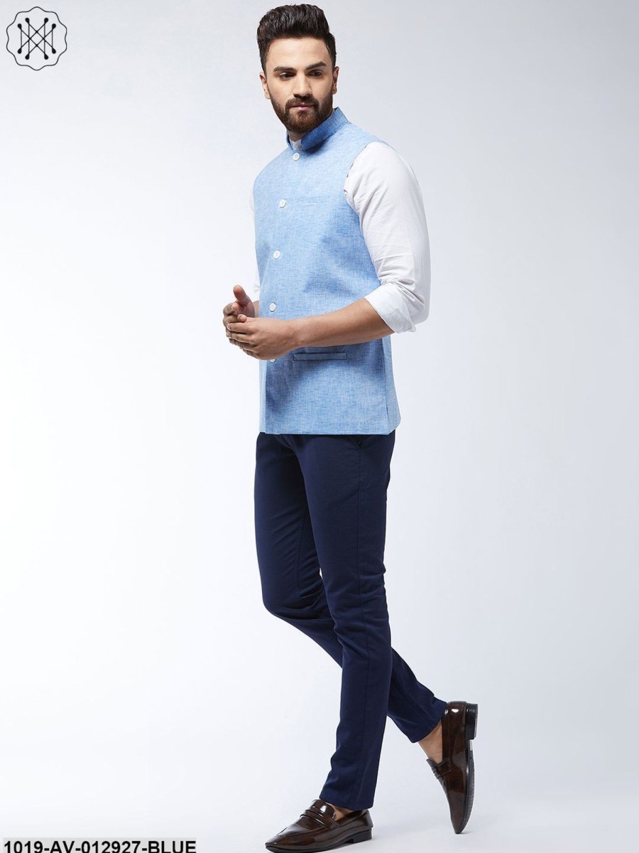 Men Sojanya | Men'S Cotton Linen Blend Blue Nehru Jacket - Sojanya