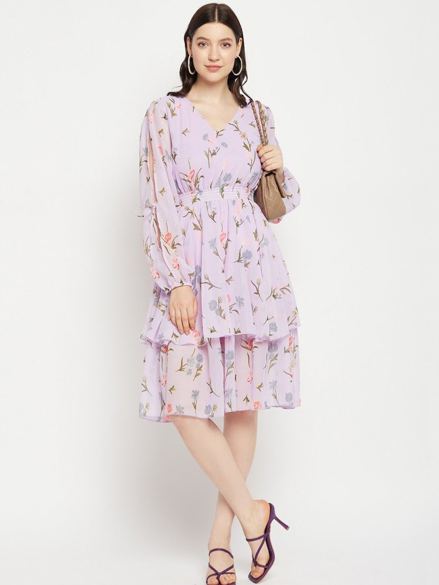 Women BitterLime | Women'S Printed Floral Tiered Dress - Bitterlime Mauve