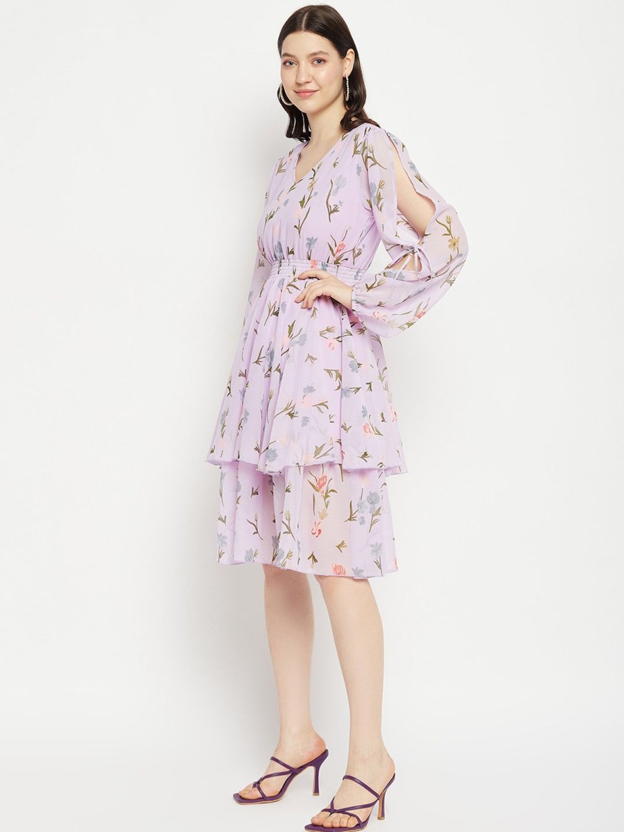 Women BitterLime | Women'S Printed Floral Tiered Dress - Bitterlime Mauve