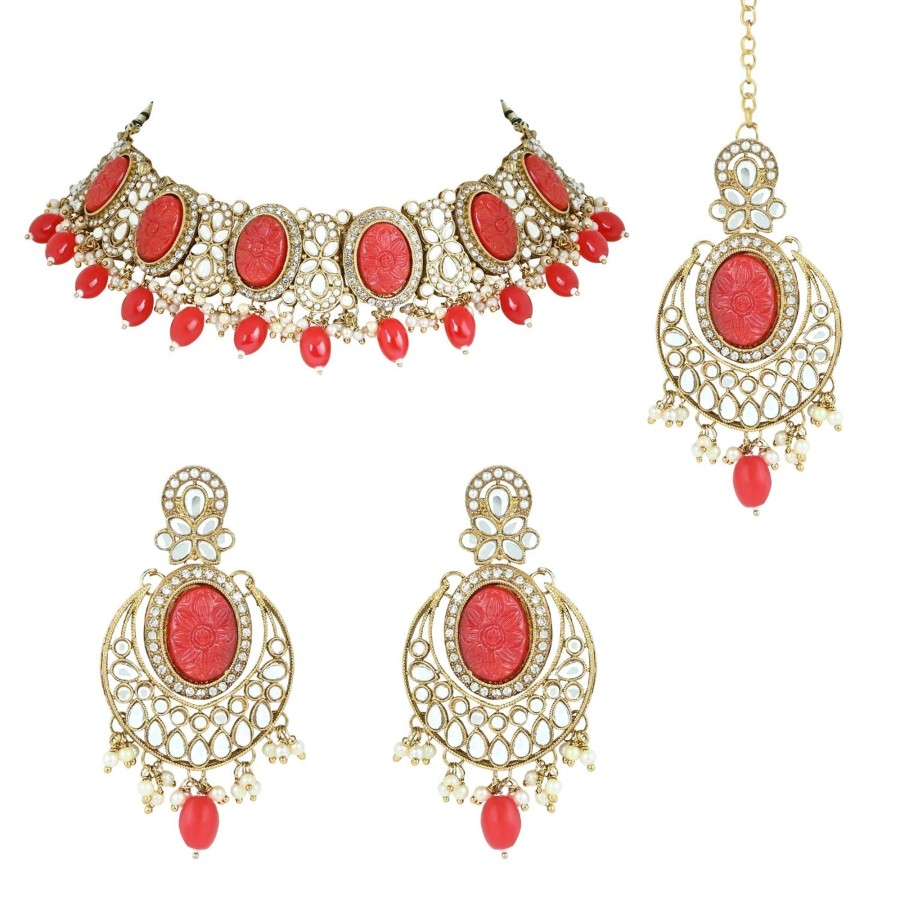 Jewellery I Jewels | Women'S 18K Gold Plated Traditional Pearl Kundan U0026 Stone Studded Jewellery Necklace Set With Maang Tikka - I Jewels Red