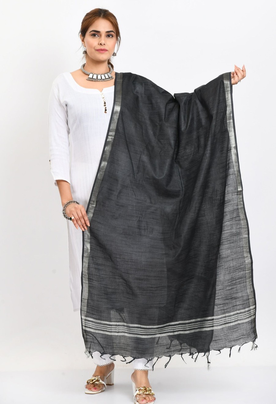 Women Moeza | Women'S Linen Cotton Silver Border Dupatta - Moeza Black