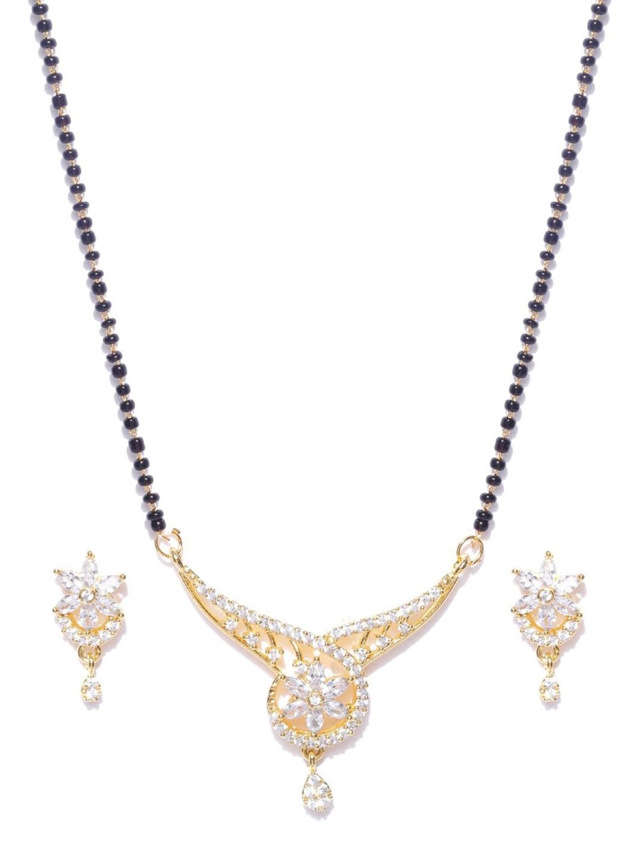 Jewellery Priyaasi | Women'S Desiner Floral Shaped Gold Plated American Diamond Mangalsutra Set For Women - Priyaasi