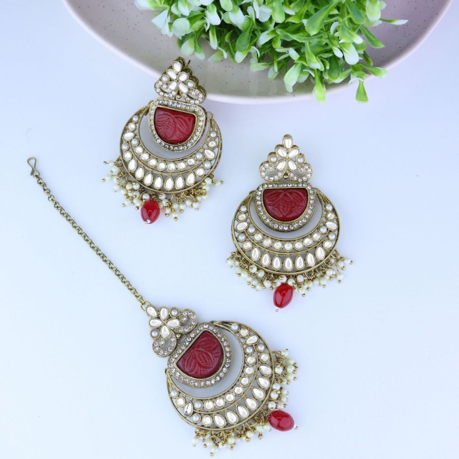 Jewellery I Jewels | Women'S Traditional Pearl Hanging Kundan Stone Studed Chandbali Earring With Maang Tikka - I Jewels Red