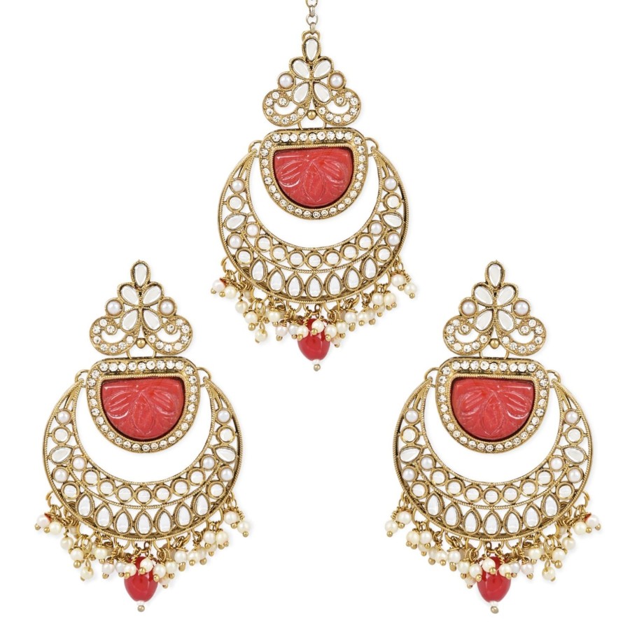 Jewellery I Jewels | Women'S Traditional Pearl Hanging Kundan Stone Studed Chandbali Earring With Maang Tikka - I Jewels Red