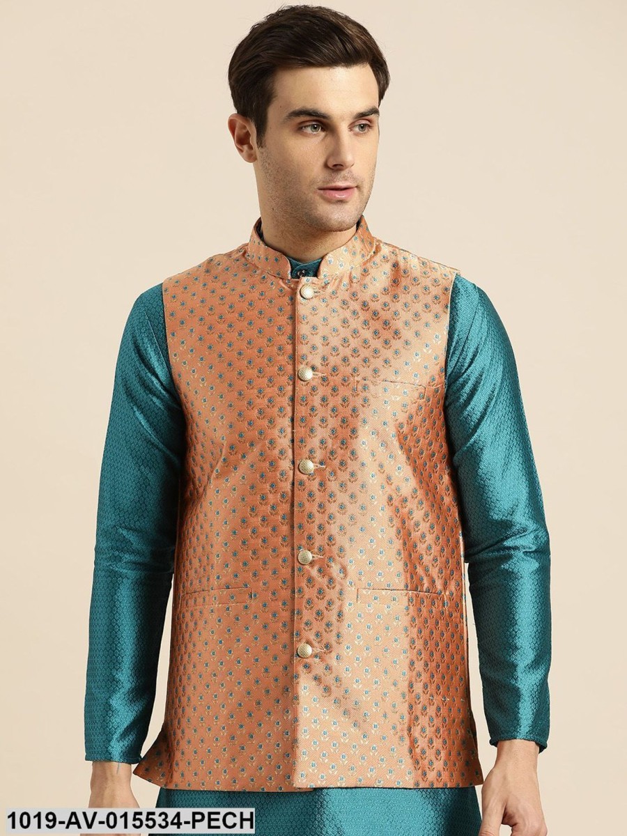 Men Sojanya | Men'S Silk Blend Peach U0026 Multi Color Self Design Nehru Jacket - Sojanya