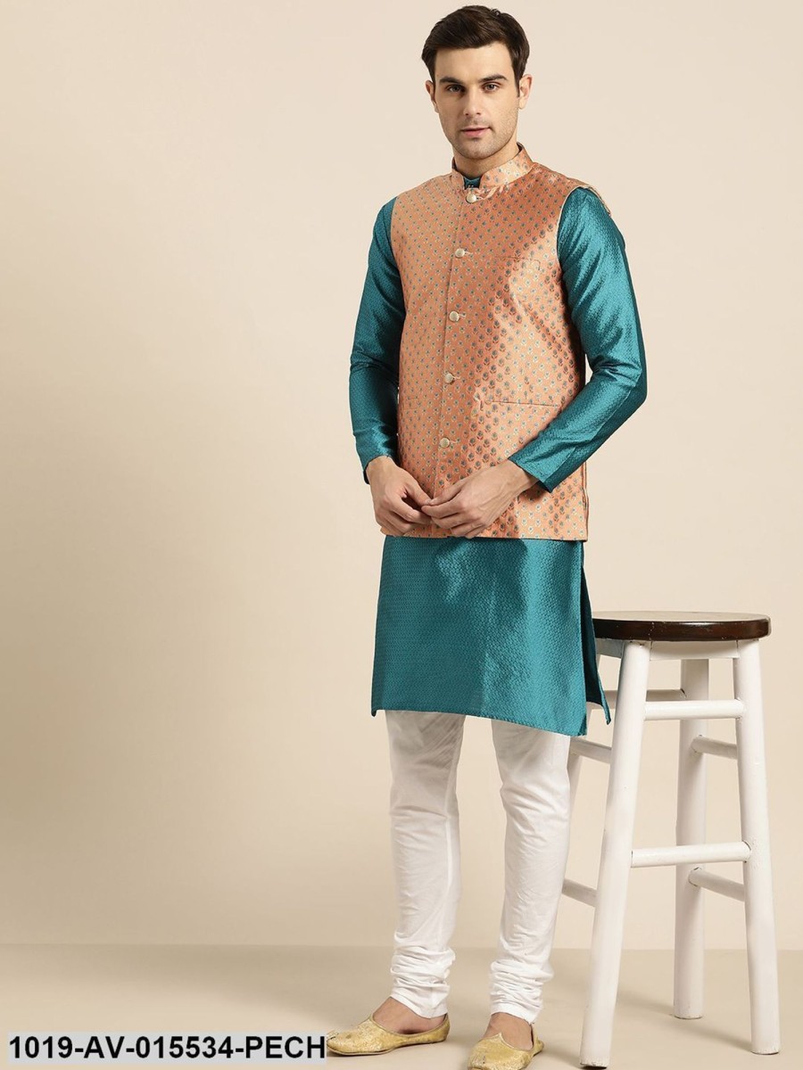 Men Sojanya | Men'S Silk Blend Peach U0026 Multi Color Self Design Nehru Jacket - Sojanya