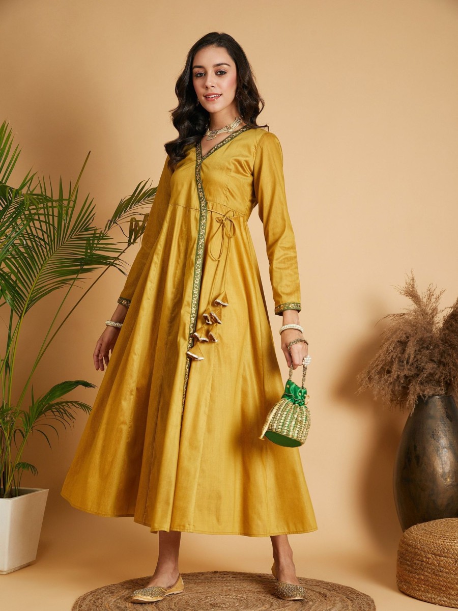 Women Lyush | Women'S Mustard Angrakha Anarkali Dress With Slip - Lyush