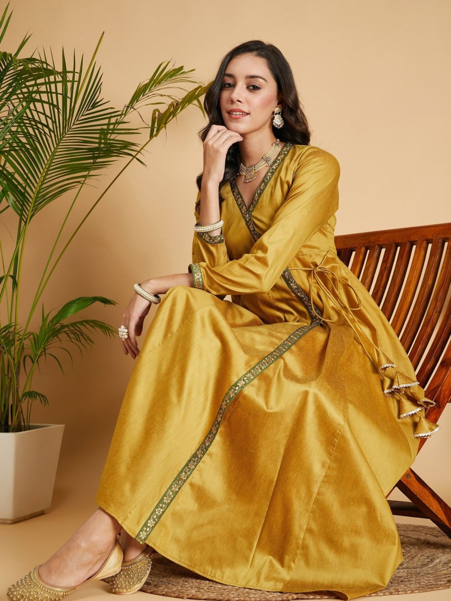 Women Lyush | Women'S Mustard Angrakha Anarkali Dress With Slip - Lyush