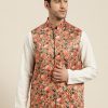 Men Sojanya | Men'S Silk Blend Tan Printed Only Nehru Jacket - Sojanya Beige