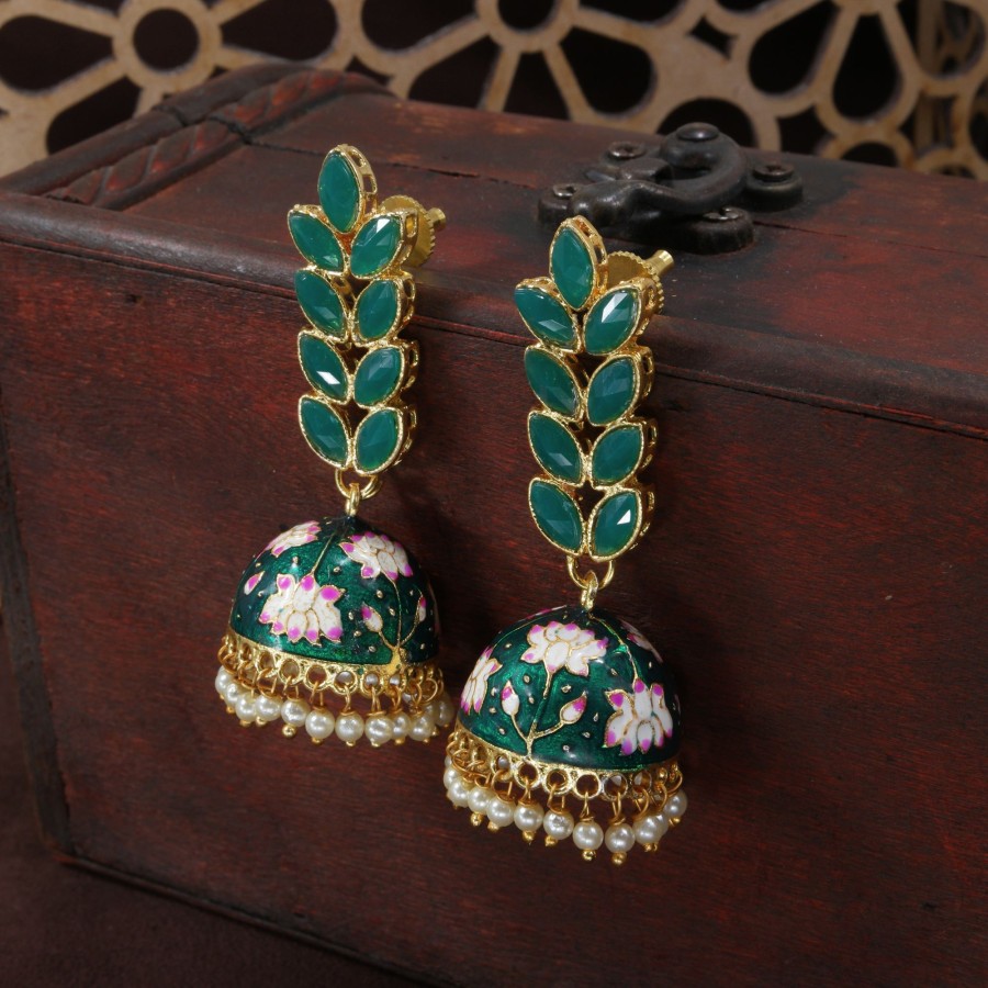 Jewellery I Jewels | Women'S 18K Gold Plated Grey Enamelled Leaf Shaped Jhumki Earringse2922Gr - I Jewels