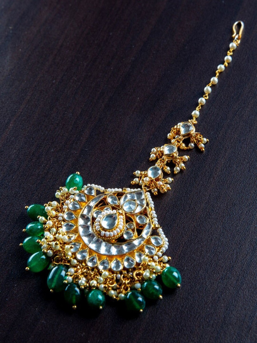 Jewellery Morkanth | Women'S Gold-Plated White U0026 Green Kundan-Studded Pearl Beaded Handcrafted Maang Tikka - Morkanth