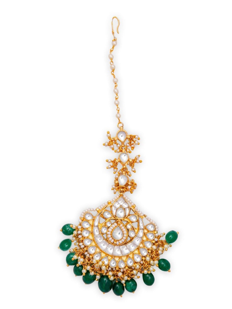 Jewellery Morkanth | Women'S Gold-Plated White U0026 Green Kundan-Studded Pearl Beaded Handcrafted Maang Tikka - Morkanth