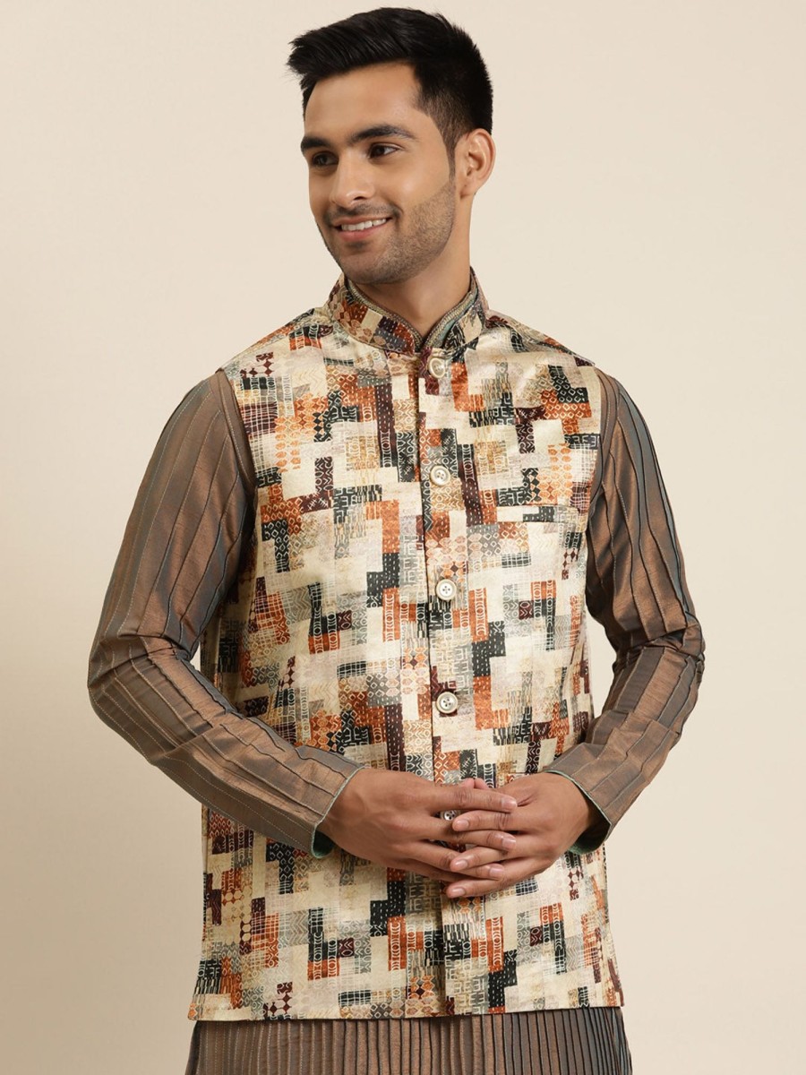 Men Sojanya | Men'S Silk Blend Printed Only Nehru Jacket - Sojanya Beige