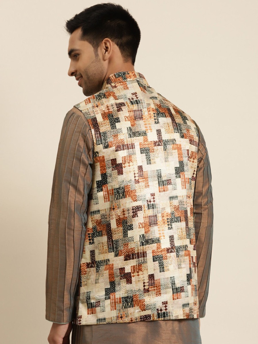 Men Sojanya | Men'S Silk Blend Printed Only Nehru Jacket - Sojanya Beige