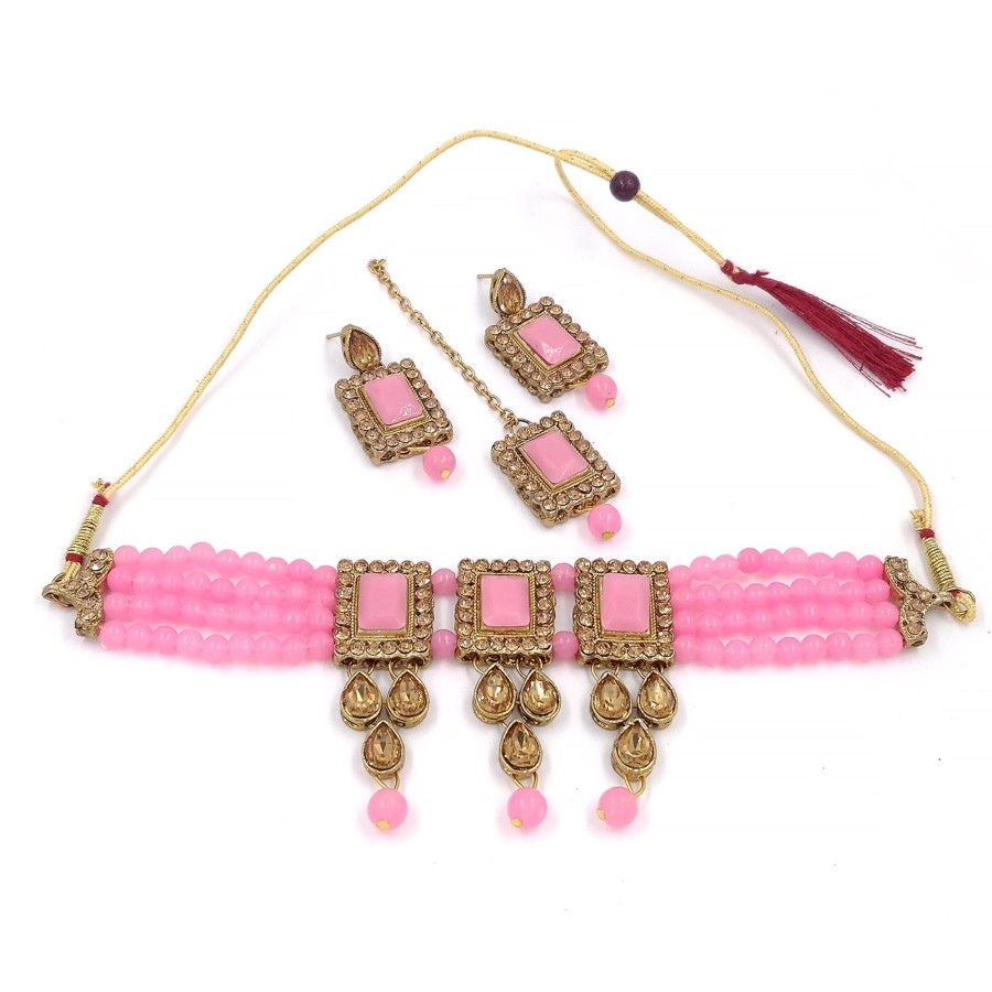 Jewellery Zaffre Collections | Women'S Multistrand Beads And Stones Traditional Choker Necklace U0026 Maang Tikka - Zaffre Collections Pink