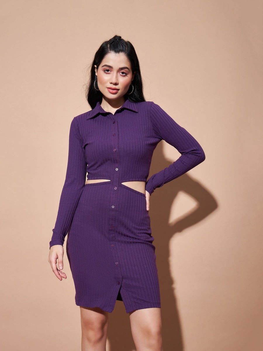 Women Lyush | Women'S Purple Side Cut-Out Collar Bodycon Rib Dress - Lyush