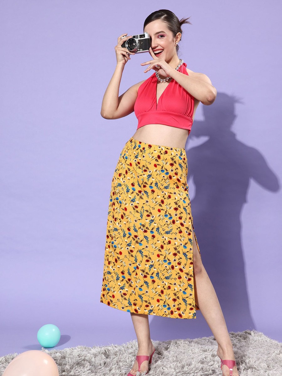 Women StyleStone | Women'S Floral Slit Midi Skirt Stylestone Yellow