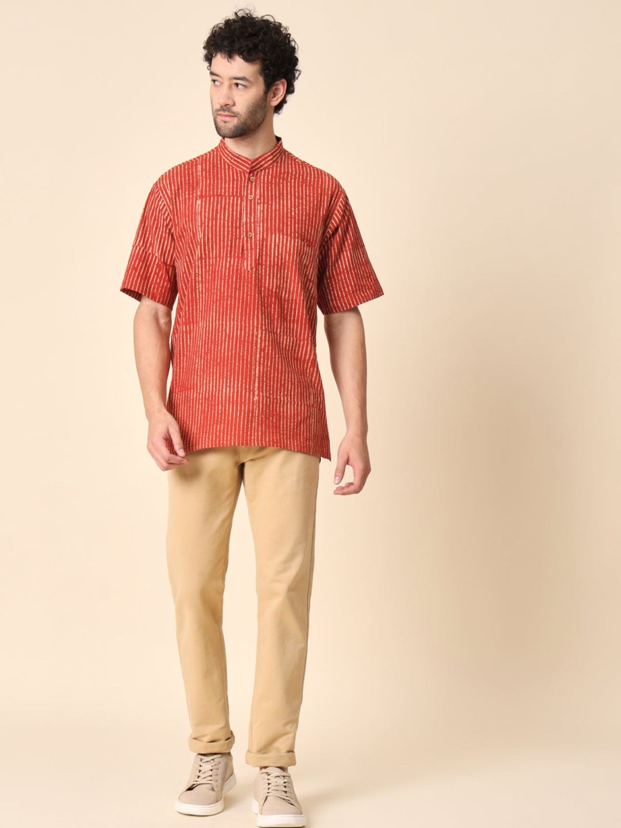 Men TREND-MATTERS | Men'S Striped Red Short Kurta - Trend-Matters