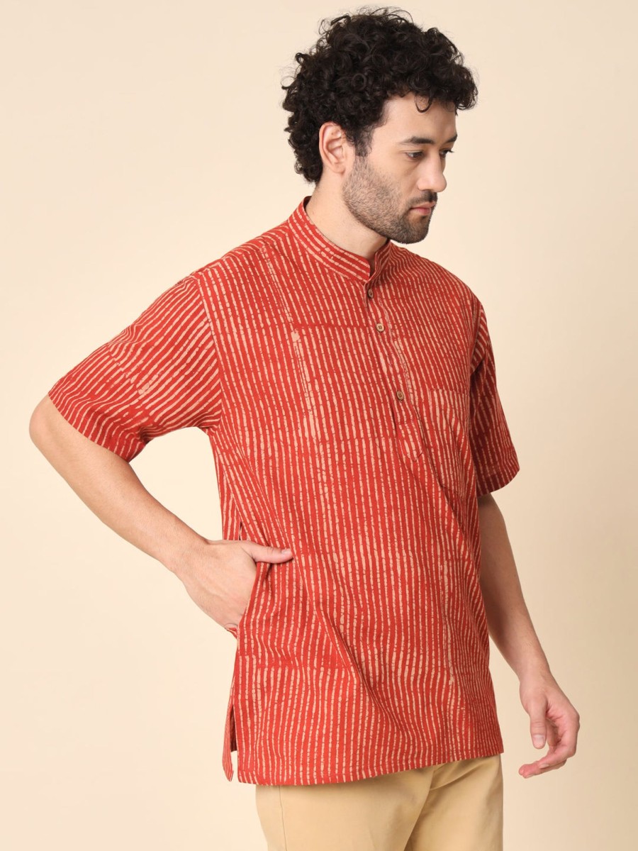 Men TREND-MATTERS | Men'S Striped Red Short Kurta - Trend-Matters