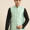 Men Sojanya | Men'S Silk Blend Sea Green U0026 Gold Self Design Nehru Jacket - Sojanya