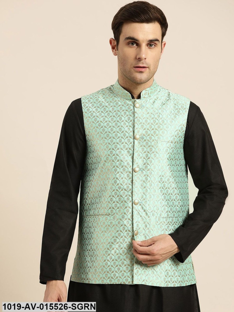 Men Sojanya | Men'S Silk Blend Sea Green U0026 Gold Self Design Nehru Jacket - Sojanya