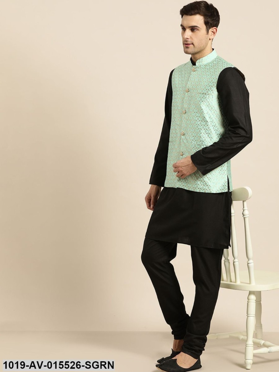 Men Sojanya | Men'S Silk Blend Sea Green U0026 Gold Self Design Nehru Jacket - Sojanya