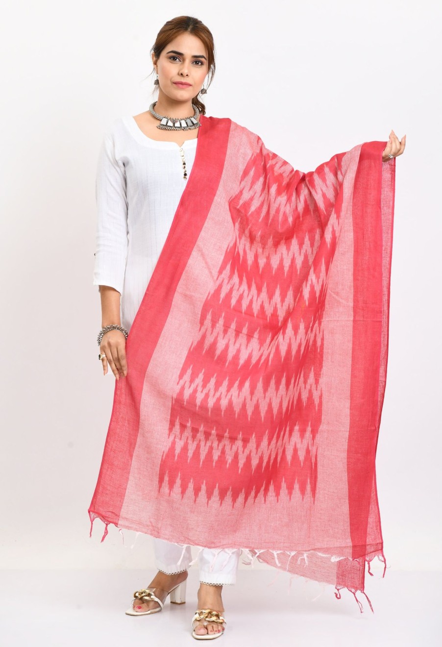 Women Moeza | Women'S Handloom Cotton Ikkat Dupatta - Moeza Pink