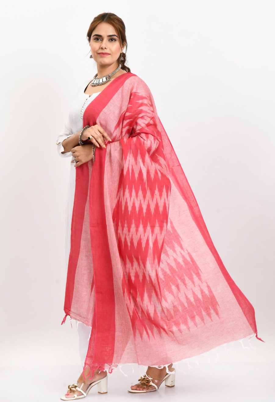 Women Moeza | Women'S Handloom Cotton Ikkat Dupatta - Moeza Pink