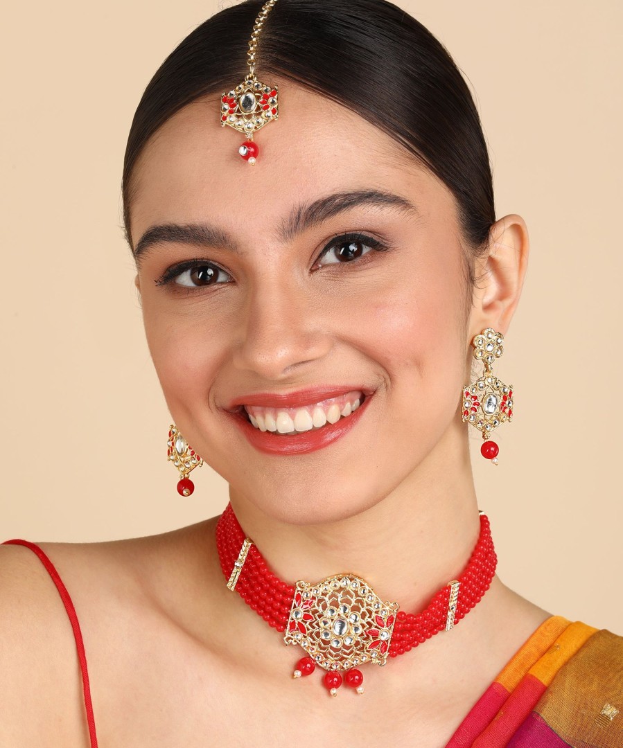 Jewellery Zaffre Collections | Women'S/Girl'S Choker Set With Maang Tikka And Meena - Zaffre Collections Red