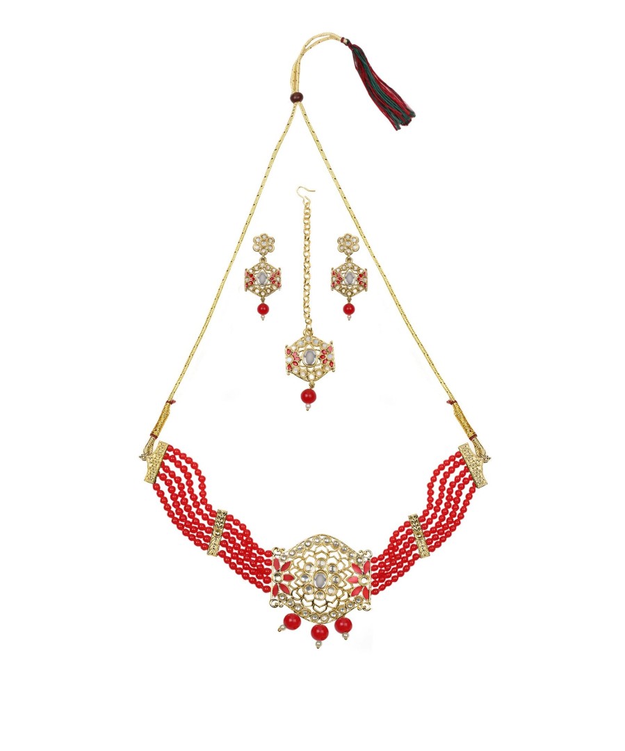 Jewellery Zaffre Collections | Women'S/Girl'S Choker Set With Maang Tikka And Meena - Zaffre Collections Red