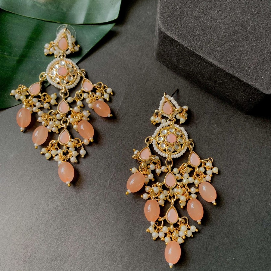 Jewellery I Jewels | Women'S 18K Gold Plated Traditional Handcrafted Pearl Kundan Beaded Earrings - I Jewels Peach