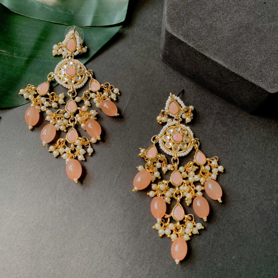 Jewellery I Jewels | Women'S 18K Gold Plated Traditional Handcrafted Pearl Kundan Beaded Earrings - I Jewels Peach